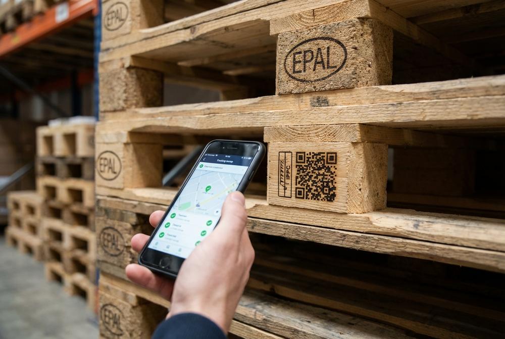 EPAL QR Paletten direkt auf Stapeln im Lager für Logistik, Produktion und E-Commerce