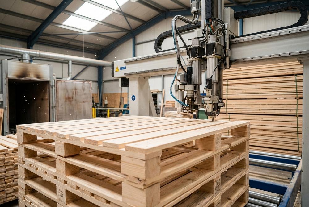 Stapel neuer Holzpaletten direkt im Lager bereit für Logistik, Produktion und E-Commerce