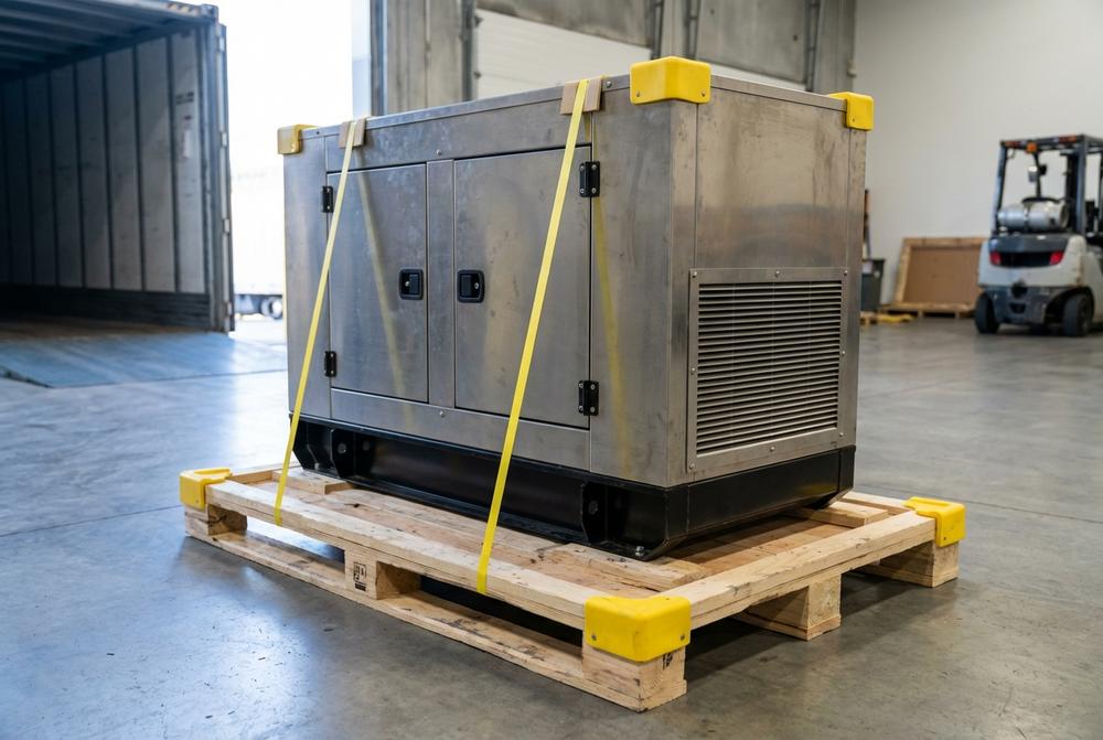 Stapler transportiert gestapelte Paletten im Lager für Logistik, Produktion und E-Commerce