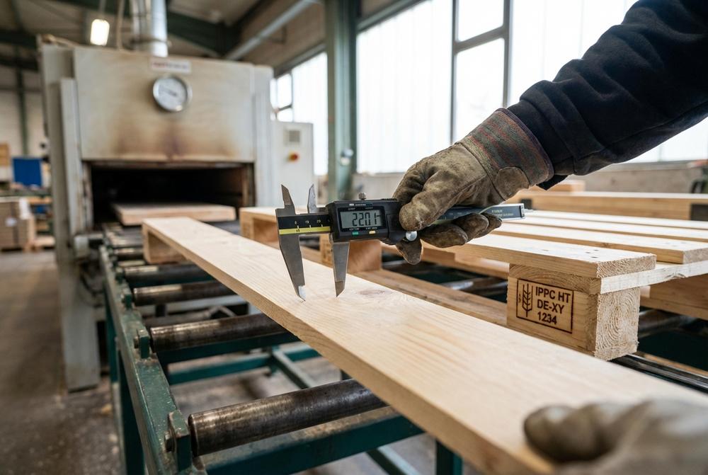 Palettenhersteller zeigt stapelweise Holzpaletten im Lager für Logistik, Produktion und E-Commerce