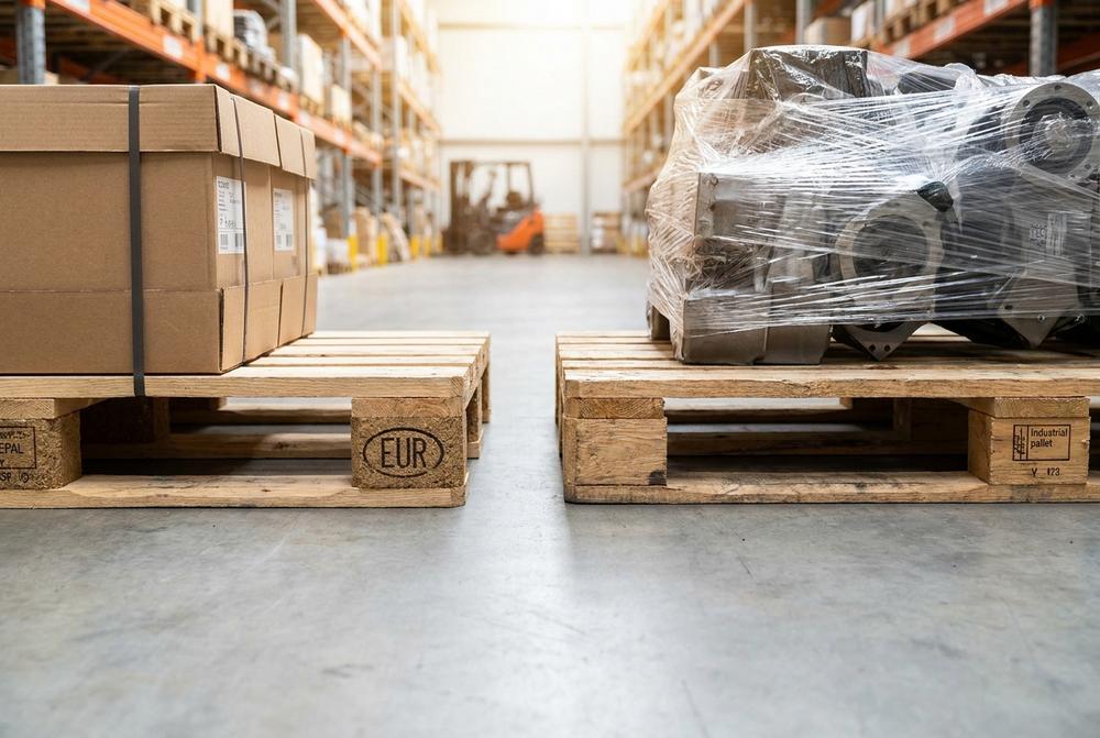 Stapler transportiert Industriepaletten direkt im Lager für Logistik, Produktion und E-Commerce