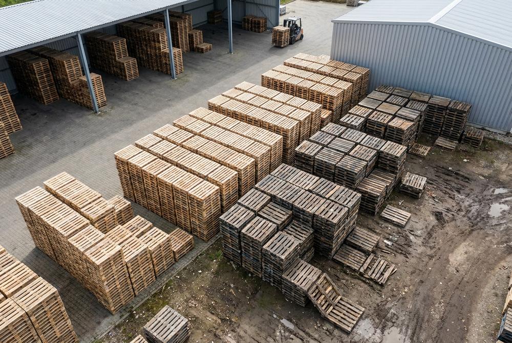 Holzpaletten gestapelt in einer Lagerhalle für Logistik, Produktion und E-Commerce