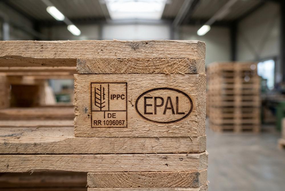 Palettenhersteller prüft Holzpaletten in der Fertigung für Logistik, Produktion und E-Commerce