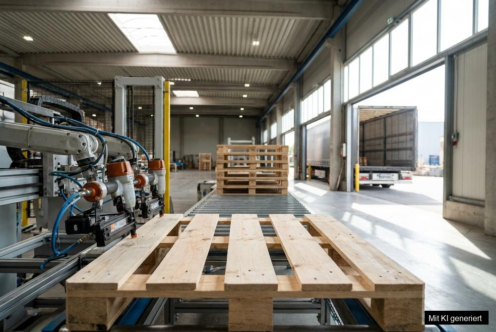 Palettenhersteller zeigt robuste Holzpaletten für Logistik, Produktion und E-Commerce im Lager